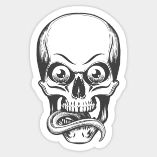 Human skull with eyes and tongue sticking out drawn in tattoo style. Vector illustration. Sticker